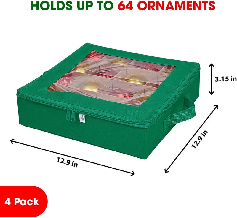 ProPik 4 Pcs Christmas Ornament Storage Boxes with Dividers | 4 Individual Trays Hold 64 Holiday Decoration Balls | Durable Ornaments Organizer Storage Box | Zippered Closure with Handles (Green) - Image 5
